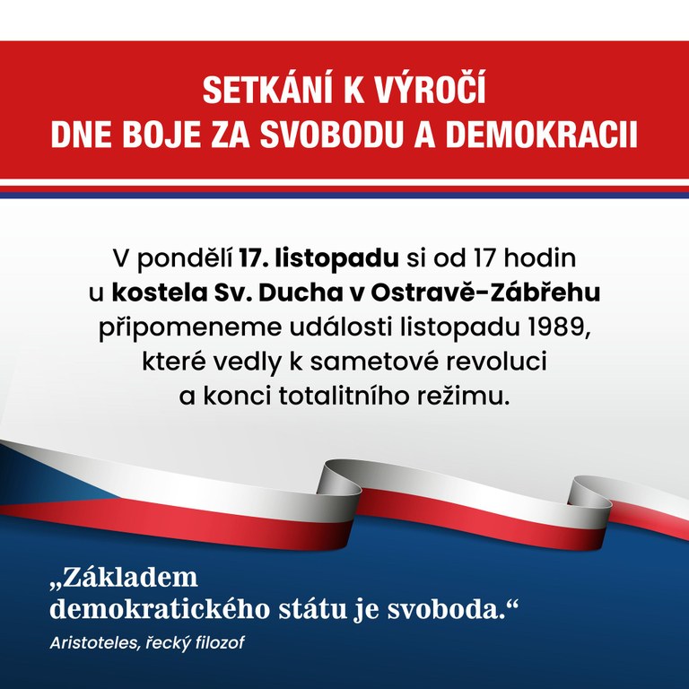 Ostrava-Jih si v pondělí 17. listopadu připomene Den boje za svobodu a demokracii setkáním u kostela Sv. Ducha