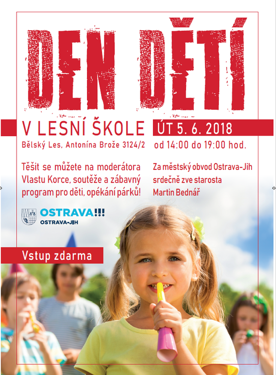 Den dětí v kině Luna a v Lesní škole s moderátorem Vlastou Korcem